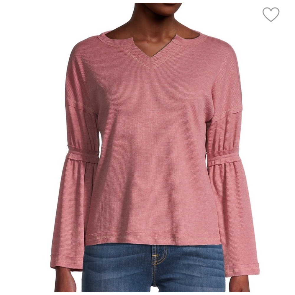 Baea Mauve Red Thermal Waffle Knit Tiered Bell Sleeved Top Medium NEW